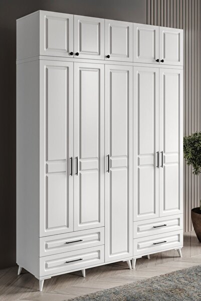 GuneyStore Ücretsiz Montaj Gözde 5 Kapaklı Yüklüklü Komple Mdf Beyaz Gardırop