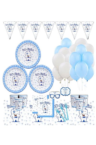 COCOPARTY COCOCPARTY TOOTH WHEAT 16 Person First Tooth BLUE Birthday Party Set