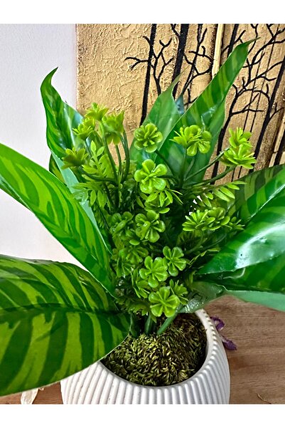 La bella bazar Saksılı Yapay Çiçek Dekoratif Masa Balkon Çiçeği Doğal Taş Yosunlu Masa Üstü Dekorasyon