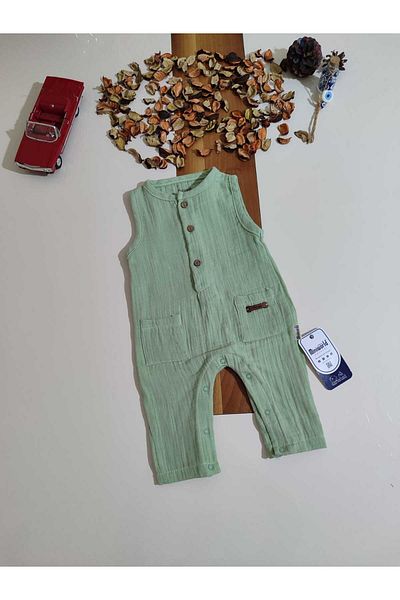 Miniworld BottoM Cut Muslin JuMpsuit for Baby Boy - Fence and Thick Straps