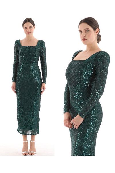 CİXAPLE Sequined Square Collar Evening Dress