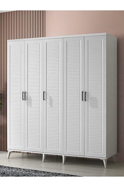 GuneyStore Ücretsiz Montaj Komple Mdf Paris 5 Kapaklı Beyaz Gardırop Elbise Dolabı