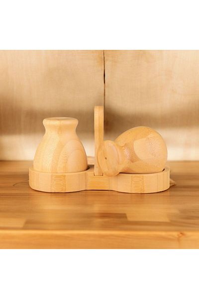 Butikdekor Bamboo 2-Piece Salt Shaker Black Pepper Shaker Chubby Model with Stand