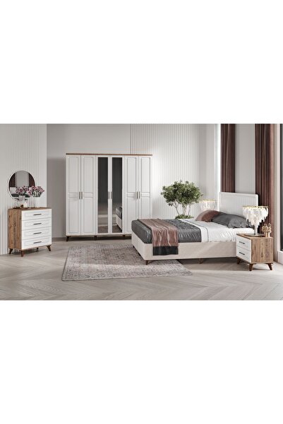 GuneyStore Montaj Komple Mdf Sport 6 Kapaklı Atlantik Çam-beyaz Yatak Odası Takımı (bazalı)