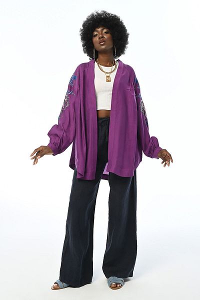FEMELLE Kimono oversize pentru femei de culoare prune - cu paiete și detalii de broderie, mărime standard