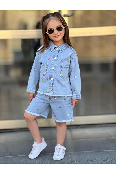 yns coolstar Yeni Sezon likrakı pamuklu yazlık çiçek nakışlı Kot şort Ve ceket 2li Takım