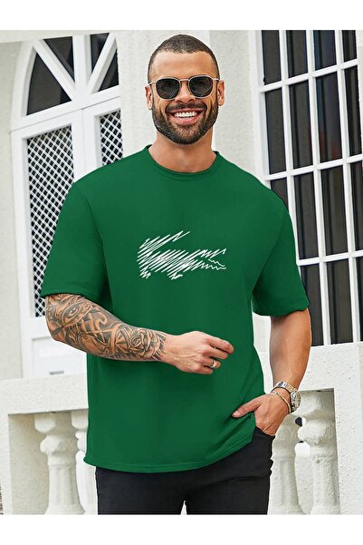 Elvino Erkek Bisiklet Yaka Rahat Oversize Timsah Çizgi Sanat Stili Grafik Bas...