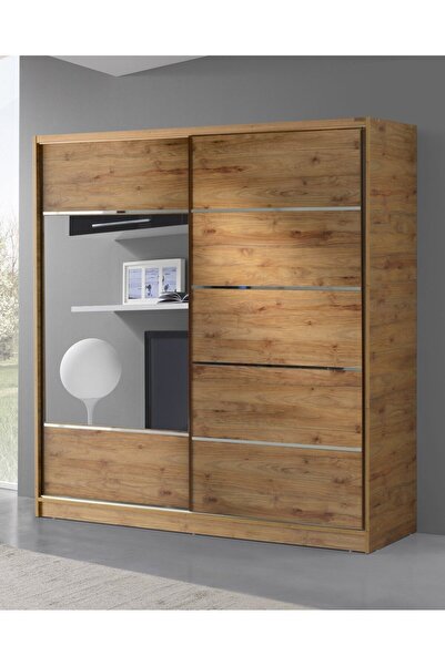 GuneyStore Ücretsiz Montaj Komple Mdf 160 Cm Sürgülü Gardırop Atlantik Çam Ray Dolap Elbise Dolabı Giysi Dolap