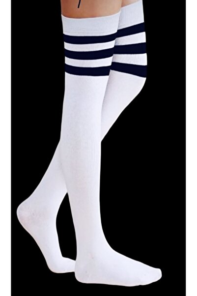 Design Socks Beyaz Zemin Siyah Üç Çizgili Pamuklu Diz Üstü Çorap