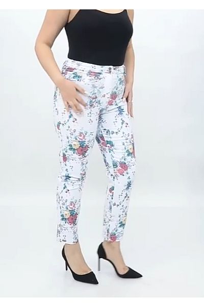 AKŞEN GİYİM Plus Size Floral Patterned Cotton Linen Trousers - Lycra, Wide Leg