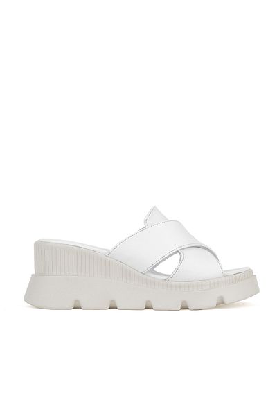 Ziya White Genuine Leather Women's Wedge Heel Slippers -1411020Z2004