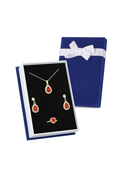 Forentina Altın Kaplama Kırmızı Taşlı Kolye Küpe Yüzük Lacivert Kadife Kutuda...