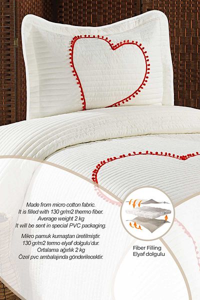 Evlen Home Collection Larin Heart Pompom 100% βαμβακερό μονό κάλυμμα κρεβατιού (Pique) Σετ Κρεμ/κόκκινο