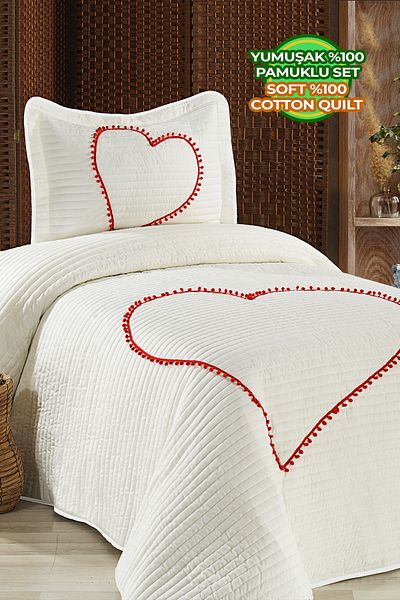 Evlen Home Collection Larin Heart Pompom 100% βαμβακερό μονό κάλυμμα κρεβατιού (Pique) Σετ Κρεμ/κόκκινο
