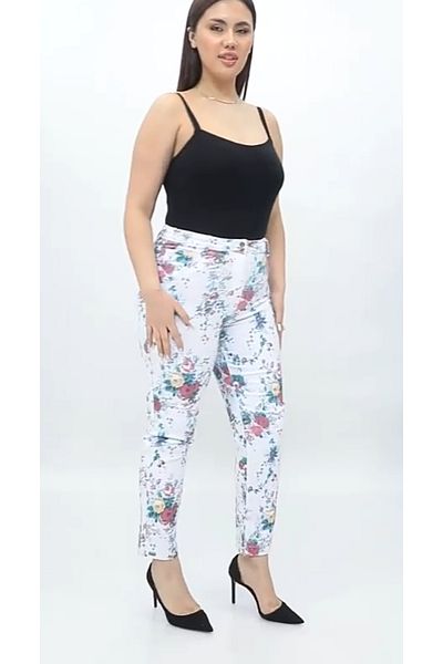 AKŞEN GİYİM Plus Size Floral Patterned Cotton Linen Trousers - Lycra, Wide Leg
