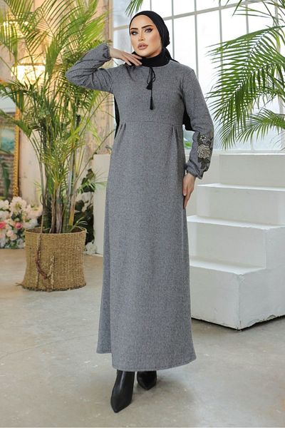 Bestenur Φόρεμα Hijab με Κεντημένα Μανίκια 755 - Γκρι