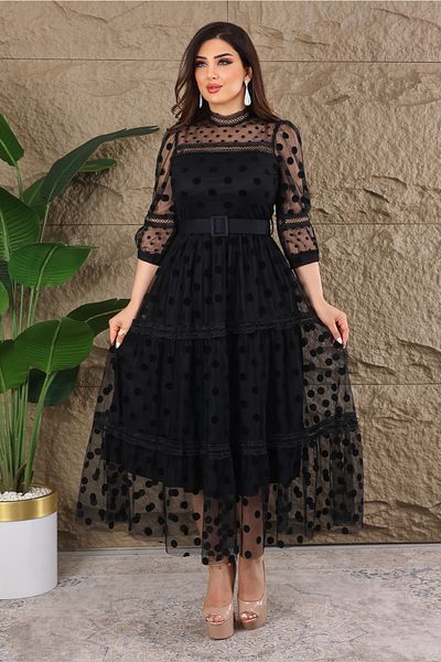 Matik Abiyem Tulle Belted Polka Dot Design Dress