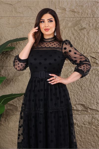 Matik Abiyem Tulle Belted Polka Dot Design Dress