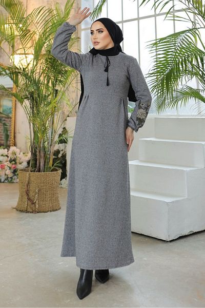 Bestenur Φόρεμα Hijab με Κεντημένα Μανίκια 755 - Γκρι