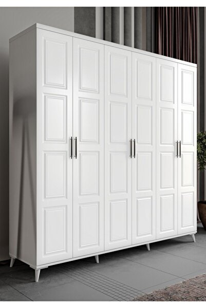GuneyStore Ücretsiz Montaj SAFİR 6 Kapaklı Komple Mdf Beyaz Gardırop