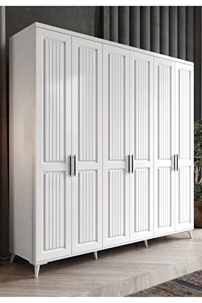 GuneyStore Ücretsiz Montaj ADENNA 6 Kapaklı Komple Mdf Beyaz Gardırop