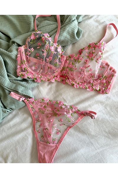 dem merys Σετ σουτιέν με ροζ φλοράλ στάμπα Plus Size C Cup
