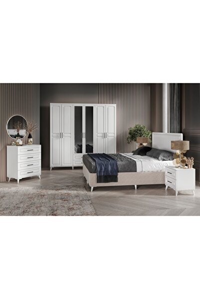 GuneyStore Ücretsiz Montaj Gözde 6 Kapaklı Komple Mdf Beyaz Yatak Odası Takımı