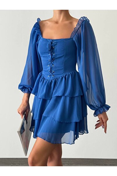 sewing story Saks Mavi Şifon Mini Elbise