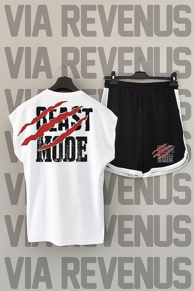 Vordevia Beast Mode - Σετ αθλητικό μπλουζάκι και σορτς με λαιμόκοψη σε λευκό και μαύρο