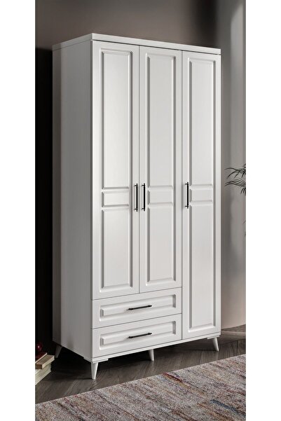 GuneyStore Ücretsiz Montaj Komple Mdf Gözde 3 Kapaklı Çekmeceli Beyaz Gardırop