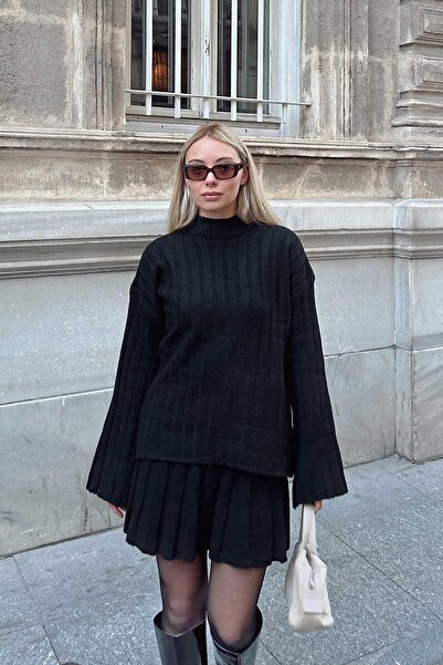 Swist Fekete nyakú pulóver-szoknya alsó-felső női kötöttáru szett