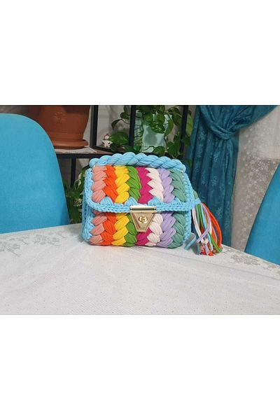 CHQEL Rochie de seară colorată de vară pentru femei - model fistic, croșetat din bumbac pieptănat și geantă de frânghie cu detaliu de mână, umăr și cruce