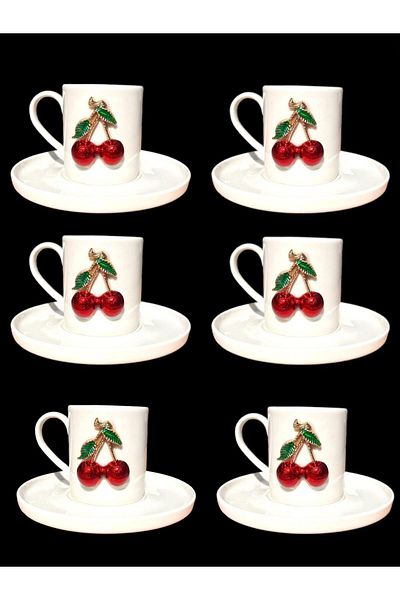 YzHome 6-Person White Porcelain Phenomenon Cherry Coffee Cup Set Presentation Cup
