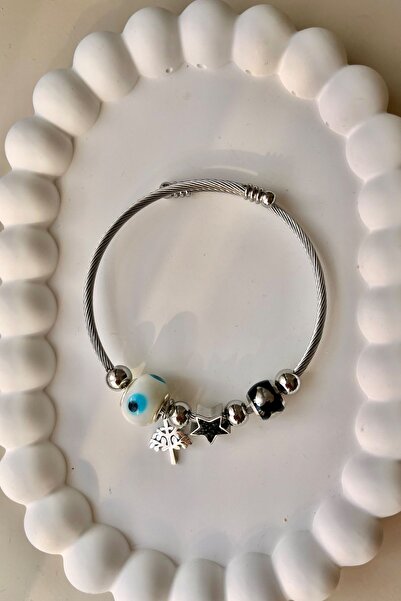 Fubena 316L Steel Bracelet with Murano Evil Eye Beads - Tree Pattern