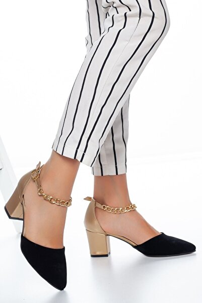 Demashoes Kadın Siyah Bilekten Zincirli Stiletto Topuklu Ayakkabı