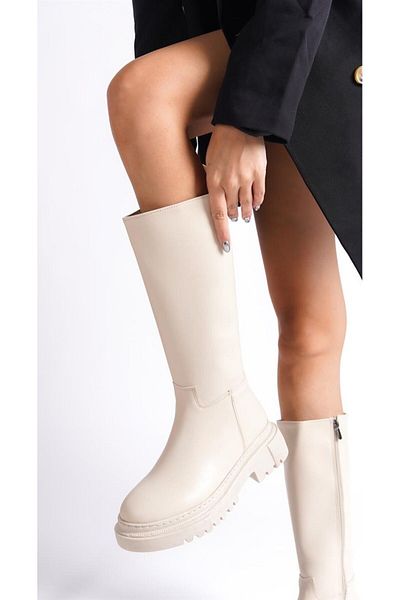 Demashoes Γυναικείες αδιάβροχες μπότες με μπεζ φερμουάρ με χοντρή σόλα