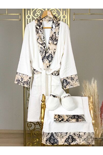 Creativehome Ozgun Siyah Özel Kadife Ekru Bornoz Takimi, Organik Bambu Ve Pam...