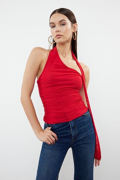 Trendyol Collection Stretchy Red Knitted Blouse - Halter Neck, Drawstring and Lined TWOSS24BZ00202