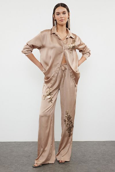 Trendyol Collection Satin Woven Mink Sequined Top and Bottom Set - TPRSS24AU00004