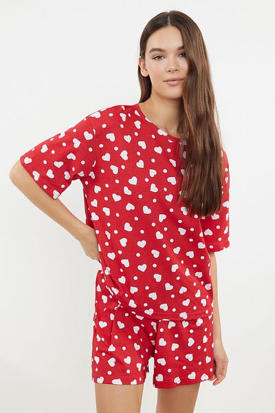 Trendyol Collection Szívmintás piros pamut rövidnadrág hálóruha szett - THMSS24PT00394