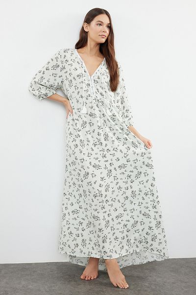 Trendyol Collection Green Viscose Nightgown - Multicolored Flower Pattern with Tie Detail THMSS24GC00039