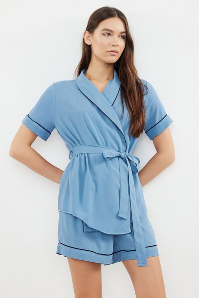 Trendyol Collection Woven Pajama Set with Blue Belted Piping Detail Viscose Shorts Thmss23Pt00203
