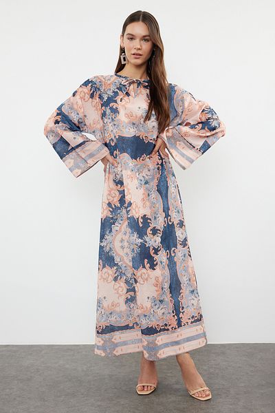 Trendyol Modest Powder Linen Look Woven Ethnic Print Dress Tctss24Eb00224