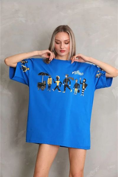 Moka Shopin Tricou albastru unisex oversize cu decolteu cu imprimeu