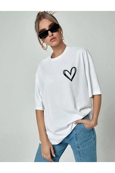 Moka Shopin Λευκό μπλουζάκι Oversize - Crew Neck, Printed