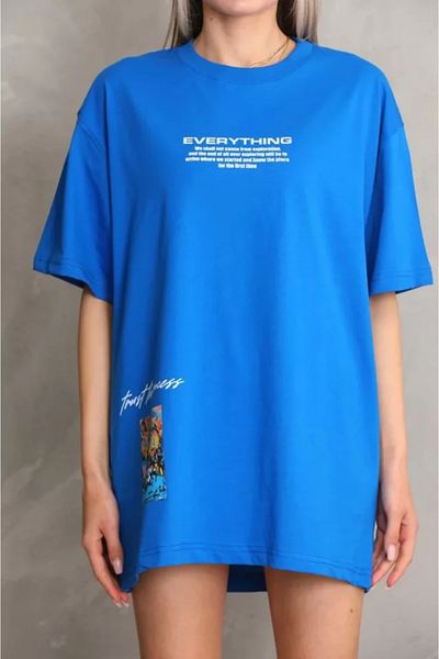 Moka Shopin Tricou albastru unisex oversize cu decolteu cu imprimeu