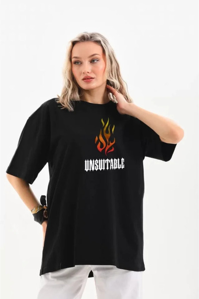 Butik Almina Unisex Bisiklet Yaka Baskılı Oversize T-Shirt - Siyah