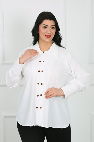 By Alba Collection Λευκό ύφασμα Ντουμπάι - Γυναικείο πουκάμισο με διπλά κουμπιά Plus Size