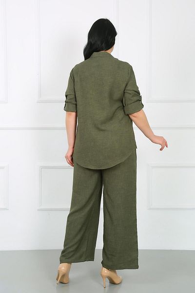By Alba Collection Plus Size Γυναικείο Χακί Μαλακό Λινό Παντελόνι - Ελαστική Μέση