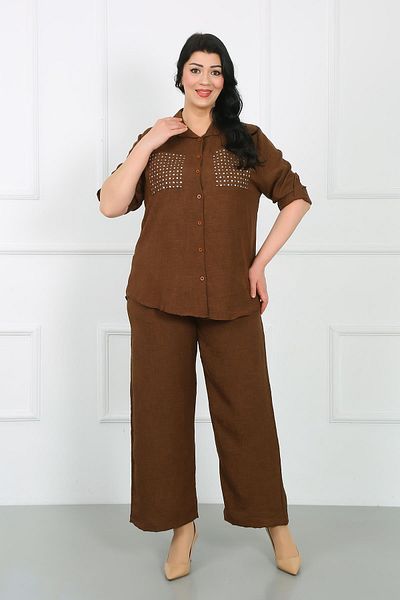 By Alba Collection Soft Linen Large Size Trousers - Tan, Elastic Waist